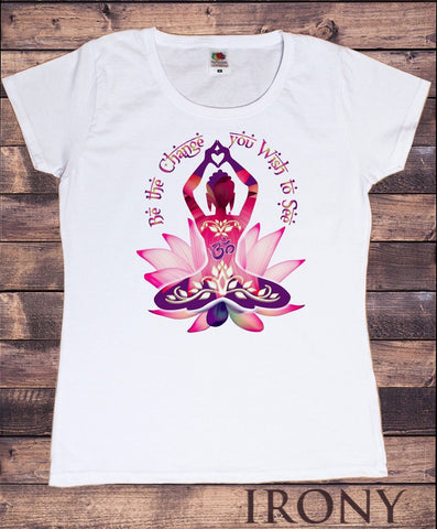 Irony T-shirt Womens White T-Shirt Buddha 'Be The Change You Wish To See' Zen Hobo Print TS226