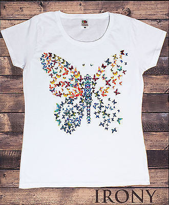 Irony T-shirt Womens White T-shirt Butterfly Splash Abstract  Broken Wing Effect Novelty Print