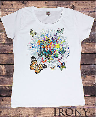 Irony T-shirt Womens White T-shirt  Butterfly Splash Summer Novelty Print