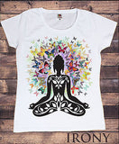 Irony T-shirt Womens White T- Shirt, Butterfly Zen Halo, meditation Budha Print