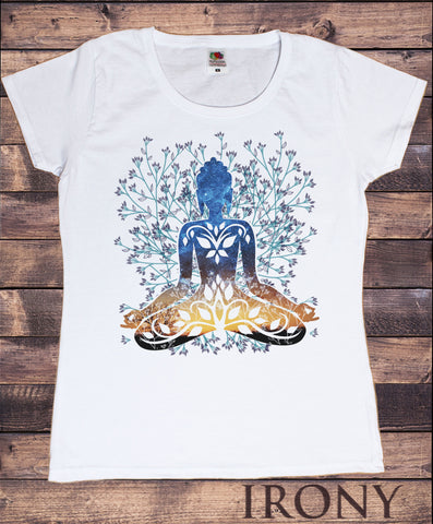 Irony T-shirt Womens White T-Shirt Flower Yoga Top Buddha Chakra Meditation India Hobo Boho Print TSA15