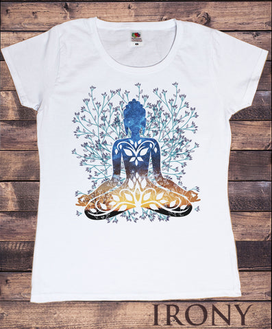 Irony T-shirt Womens White T-Shirt Flower Yoga Top Buddha Chakra Meditation India Hobo Boho Print TSA15