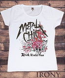Irony T-shirt Womens White T-shirt METAL CHICK- Rock World Tour-Flames & Roses Print TS339