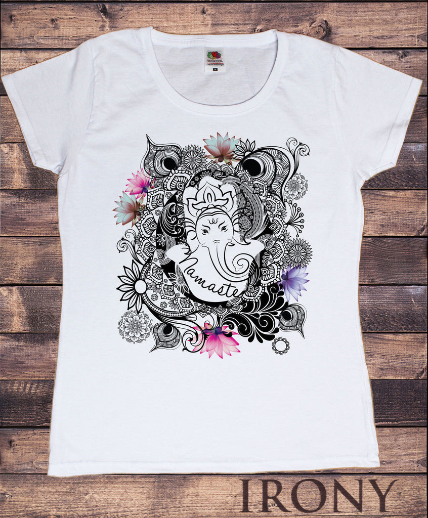 Irony T-shirt Womens White T-Shirt Namaste Ganesh Lotus flowers Yoga meditation Zen print TSY14