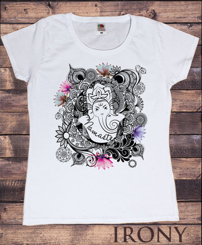 Irony T-shirt Womens White T-Shirt Namaste Ganesh Lotus flowers Yoga meditation Zen print TSY14