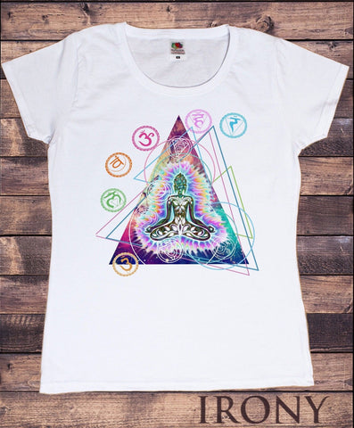 Irony T-shirt Womens White T-Shirt Om Aum Jade Flame Buddha Meditation Tie Die Print TS284