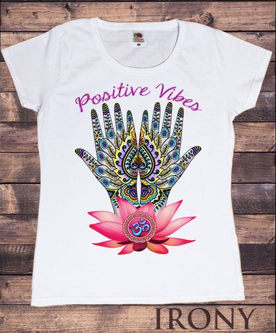 Irony T-shirt Womens White T-Shirt Positive Vibes Hindu Spiritual Zen Hand OM India Hobo Boho Peace Print TS810