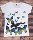 Irony T-shirt Womens White T-shirt Scattered Butterfly Bottom Flying Up Design Summer TS247
