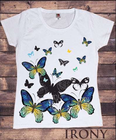 Irony T-shirt Womens White T-shirt Scattered Butterfly Bottom Flying Up Design Summer TS247