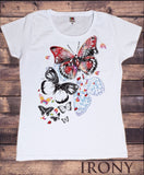 Irony T-shirt Womens White T-shirt Scattered Butterfly Design  Summer Novelty Print TS245