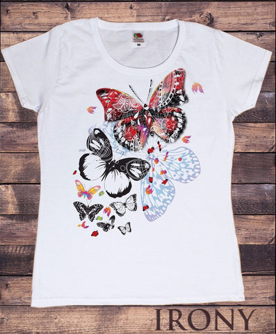 Irony T-shirt Womens White T-shirt Scattered Butterfly Design  Summer Novelty Print TS245