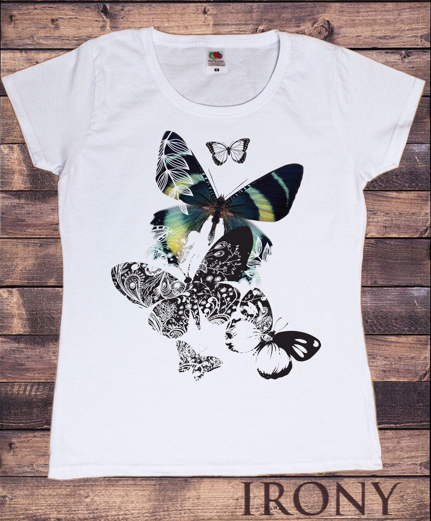 Irony T-shirt Womens White T-shirt Scattered Butterfly Design Summer Novelty TS248