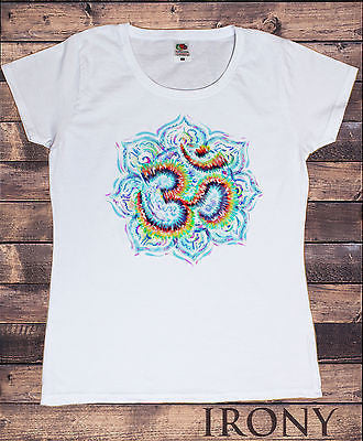 Irony T-shirt Womens White T- Shirt, Vibrant Tie Dye Effect Omm Motif Meditation Ethnic Print