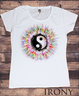 Irony T-shirt Womens White T- Shirt, Vibrant Ying Yang Graphics Effect Meditation Hobo  Print