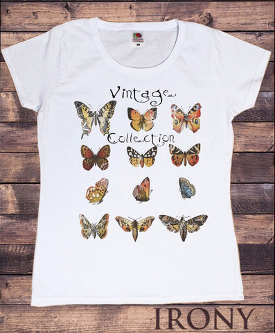 Irony T-shirt Womens White T-Shirt Vintage Collection- Butterflies Design Print TS299
