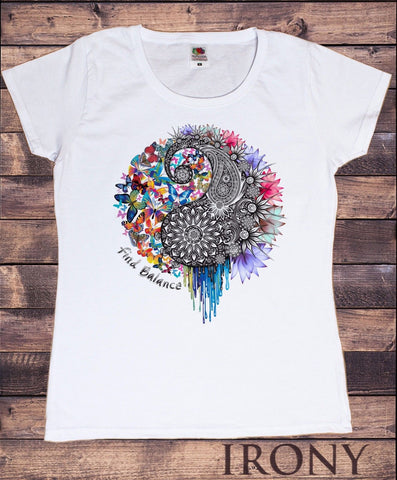 Irony T-shirt Womens White T-Shirt Yin Yang Find Balance Splatter Paint Lotus Print TS273
