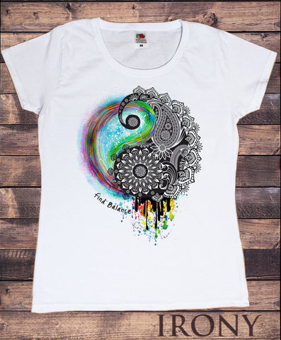 Irony T-shirt Womens White T-Shirt,Yin Yang Find Balance Zen Splatter Paint Effect Print TS106