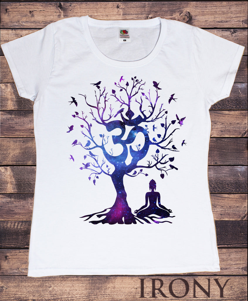 Irony T-shirt Womens White T-Shirt Yoga Mediation Om India zen OM Space Tree Flying birds Print Print TS811