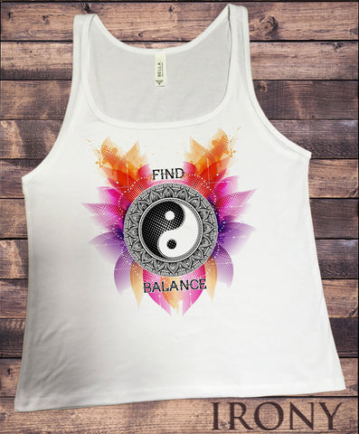 Irony Tank Top S / White Jersey Tank Top "Find Balance" Flowery Ying Yang Design Print JTK1231