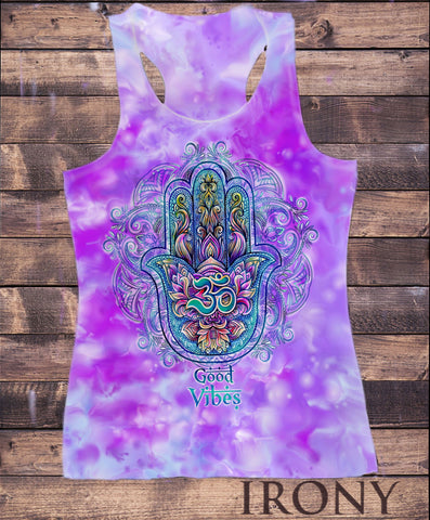 Irony Vest Womens Vest Top,"Good Vibes" Om India zen Positive Slogan Hamsa Hand Of Fatima Print SUB788